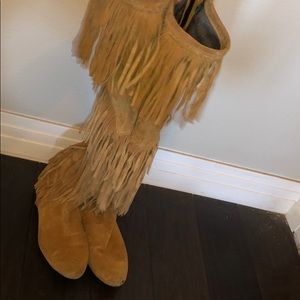 Sam Edelman Over The Knee Suede Tan Fringe Boots